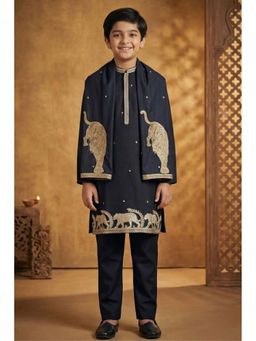 Lagorii - Black Golden Zari Embroidery Kurta and Pajama With Shawl