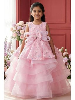 Lagorii - Pink Layered Party Wear Embroidery And Statement Bow Gown