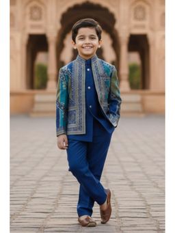 Lagorii - Blue Premium Brocade Coat and Pant with Waiscoat