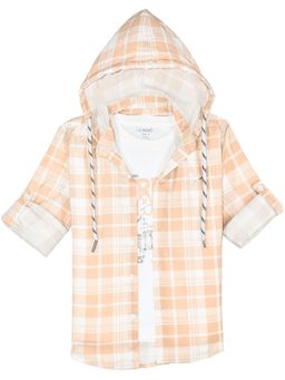 CAVIO - Orange Boys Full Sleeves Checked Hooded Shirt With T-Shirt