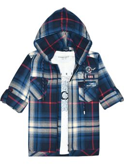CHARCHIT - Blue Boys Hooded Shirt With T-Shirt-Blue