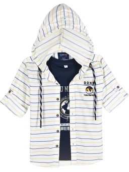 CAVIO - Navy Blue Boys Full Sleeves Striped Hooded Shirt With T-Shirt