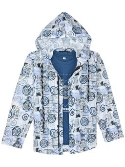 CAVIO - Navy Blue Boys Graphic Print Hooded Jacket With T-shirt