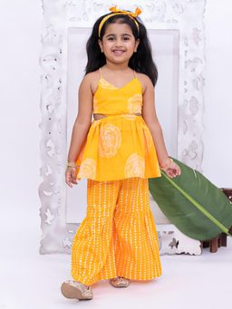KID1 - Printed Cotton Peplum Top With Sharara And Headband-Orange