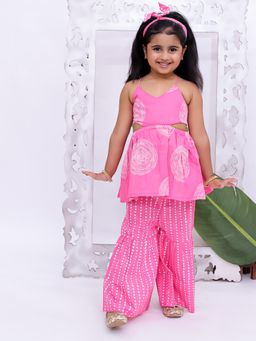 KID1 - Printed Peplum Top With Sharara And Headband-Pink
