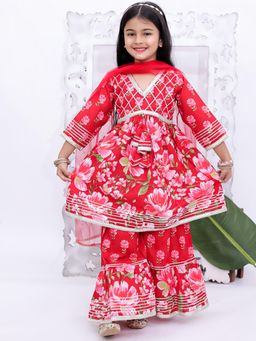 KID1 - Gota Work Floral Printed Kurta and Sharara with Dupatta-Red
