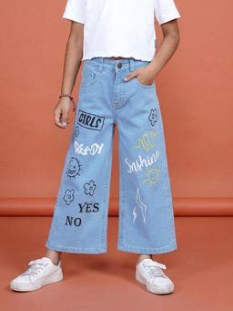 KiddoPanti - Girls Denim Ready Text Printed Flared Jeans-Blue