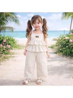 The Magic Wand - Woven Strappy Striped Ruffle Layered Co-Ord Set - Beige