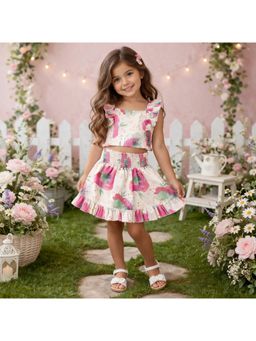 The Magic Wand - Ruffle Sleeves Floral Printed Smocking Co-Ord Set - Pink