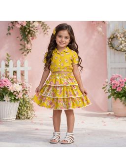 The Magic Wand - Half Sleeves Floral Boxy Cropped Shirt And Skirt- Mustard