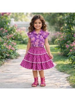 The Magic Wand - Half Sleeves Floral Boxy Cropped Shirt And Skirt- Purple