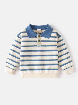 Hopscotch - Blue Striped Knit Polo Sweater