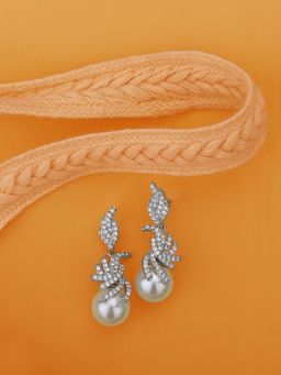 Carlton London - Premium Silver & White Toned Pearls Studded Rhodium-Plated Contemporary Drop Earrings