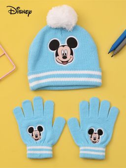 Yellow Bee - Disney Mickey Mouse Pom Winter Cap With Gloves Set For Boys - Blue