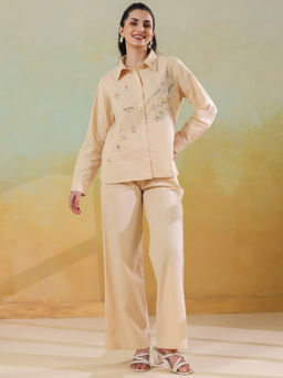 SAY - Women Cream Pure Cotton Solid Co-Ord (Set of 2)