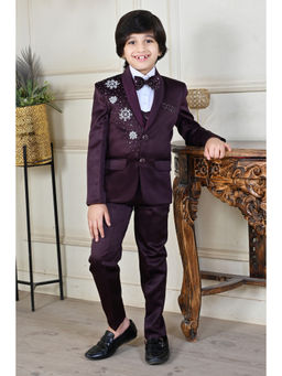 BT DEZINES - Boys Maroon Sugarbeads Snowflakes Embellished Coat Suit (Set of 5)