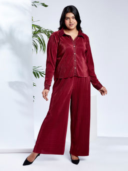 Globus - Gloplus Women Maroon Accordion Pleat Shirt Style Top with Trousers Plus Size Party Co-Ord Set