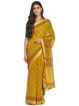 Fabindia - Mustard Hand Block Print Cotton Saree