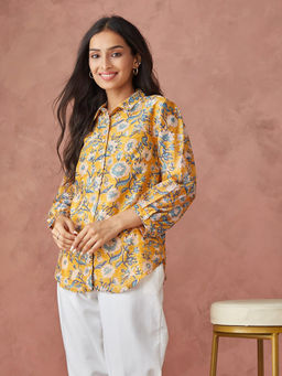 Fabindia - Mustard Cotton Silk Printed Shirt