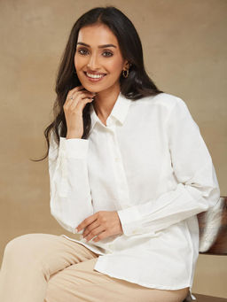 Fabindia - White Cotton Linen Thigh Length Shirt
