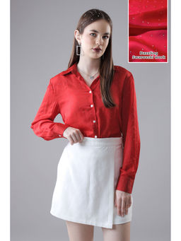 NEOFAA - Vermilion Red Swarovski Embellished Work Shirt for Women