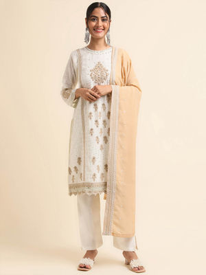 Embroidered Georgette  Semi Stitched Kurta With Pant & Dupatta
