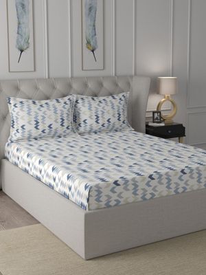 Inhouse by Maspar - Ardour 200 TC Ingrid Printed Blue Cotton Bed Sheet With 2 Pillow Covers