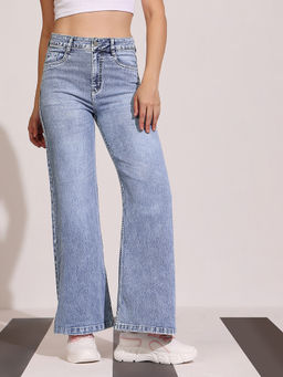 DOLCE CRUDO - Women Light Blue Regular-Length Stretchable Denim Wide Leg Jeans
