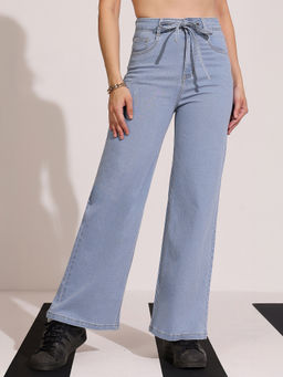 DOLCE CRUDO - Women Light Blue High-Rise Wide Leg Denim Jeans with Tie-Up Waist
