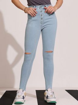 DOLCE CRUDO - Women Light Blue Skinny High-Rise Distressed Regular Denim Jeans