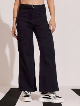 DOLCE CRUDO - Women Black Wide Leg Clean Look Regular Stretchable Denim Jeans