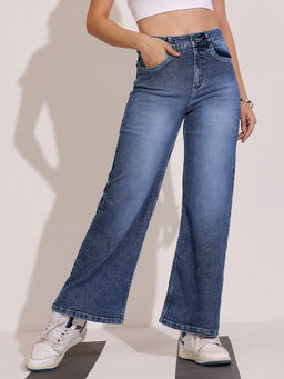 DOLCE CRUDO - Women Light Blue Wide-Leg High-Rise Stretchable Denim Jeans