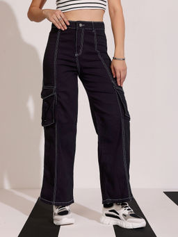 DOLCE CRUDO - Women Black Wide-Leg High-Rise Stretchable Patch-Pocketed Denim Jeans