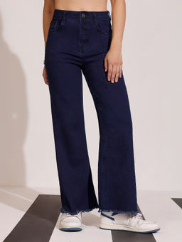 DOLCE CRUDO - Women Navy Blue Wide-Leg Regular-Length Stretchable Denim Jeans