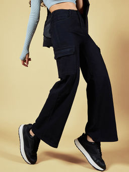 DOLCE CRUDO - Women Black Wide Leg Patch Pocketed Regular Stretchable Denim Jeans