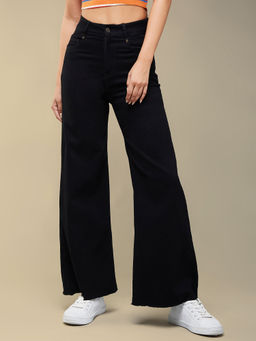 DOLCE CRUDO - Women Black High Rise Regular-Length Stretchable Wide Leg Denim Jeans