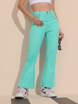 DOLCE CRUDO - Women Turquoise Bootcut High-Rise Clean-Look Stretchable Denim Jeans