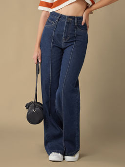 DOLCE CRUDO - Women Navy Blue Wide-Leg Regular-Length Non-Stretchable Denim Jeans