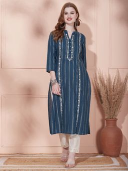 FASHOR - Woven & Stripes Embroidered Kurta - Teal Green