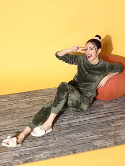Sweet Dreams - Women Solid Track Suit Olive (Set of 2)