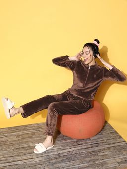 Sweet Dreams - Women Solid Track Suit Brown (Set of 2)