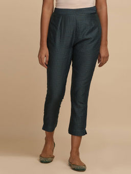 Folksong - Geometric Teal Checks Jacquard Slim Pants