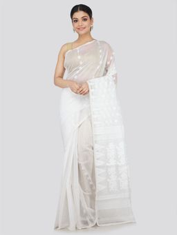 PinkLoom - Women's Soft Cotton Blend Jamdani Saree Without Blouse Piece,White