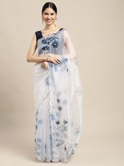 Vastranand - White & Blue Floral Printed Organza Saree with Unstitched Blouse