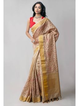 Unnati Silks - Beige Cross Stitched Embroidered Tussar Silk Saree with Unstitched Blouse