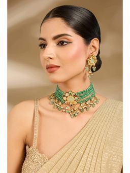 VIVINIA By Vidhi Mehra - Green Bead Polki Choker with Earrings