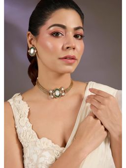 VIVINIA By Vidhi Mehra - Gold Plated Emerald Polki Mesh Choker with Earrings