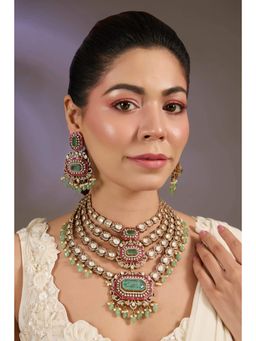 VIVINIA By Vidhi Mehra - Gold Plated Regal Kundan and Emerald Necklace with Earrings