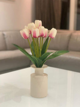 Fourwalls - Artificial Decorative Tulip Flower Bunch with 9 Branches (38 cm Tall, White/Pink)