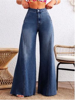 Off Duty India - Detailed Stitch Super Wide Leg Blue Jeans